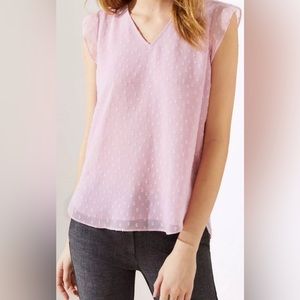 LOFT Women’s Pink Swiss Dot V-Neck Flutter Sleeve Blouse (M)